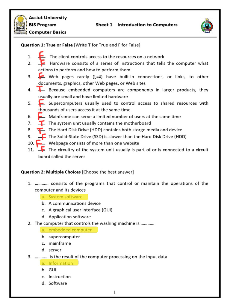 Computer Basics Quiz: True/False & MCQs | PDF | Software | Input/Output