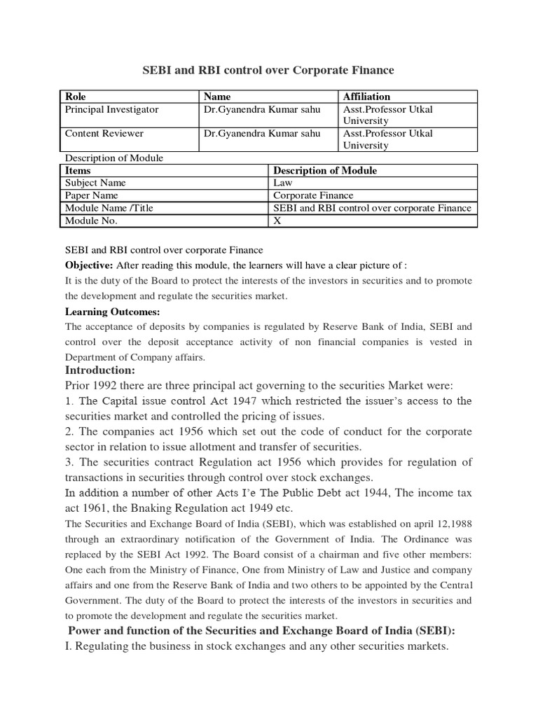 SEBI and RBI: Regulation of Corporate Finance | PDF | Securities ...