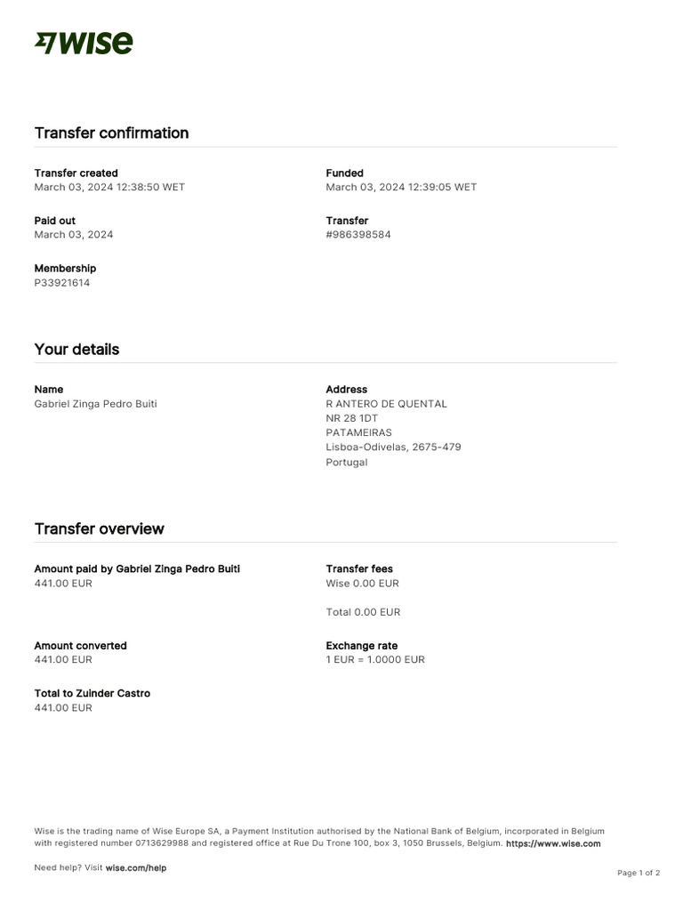Wise Transaction Invoice Transfer 986398584 2590825172 pt-1 | PDF ...