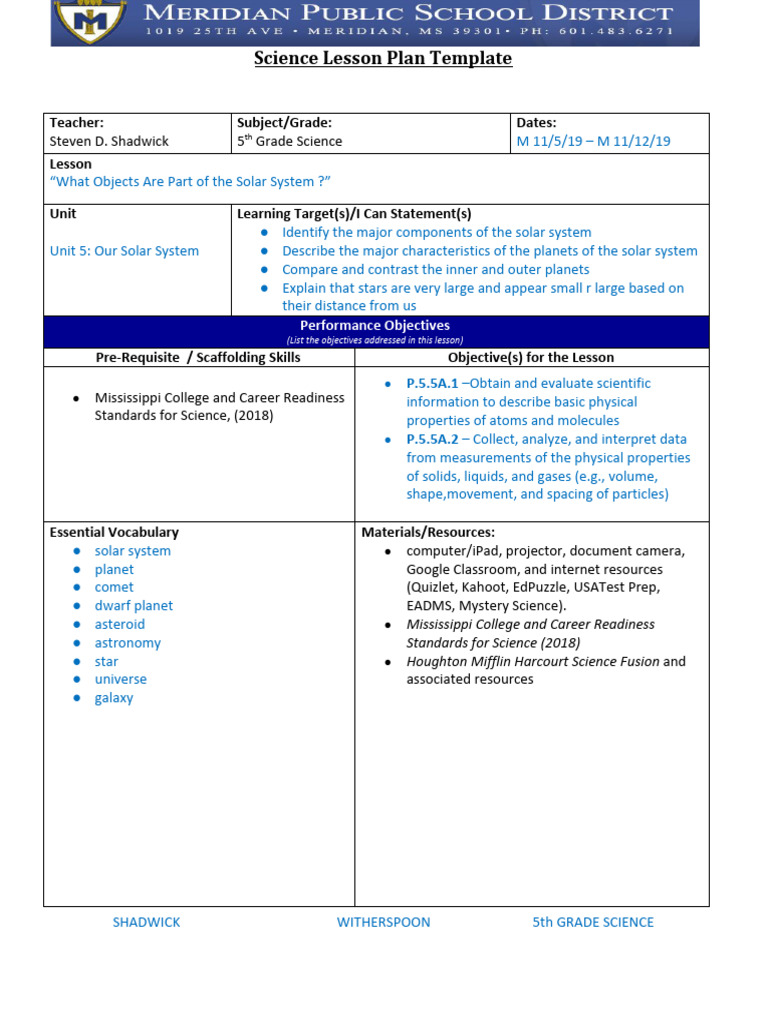 Sample Science Lesson Plan MCCRSS | PDF | Solar System | Science