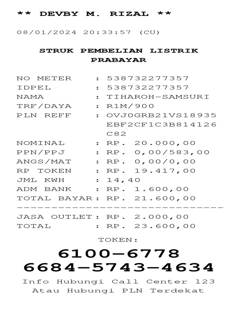 Struk Pembelian Listrik Prabayar | PDF