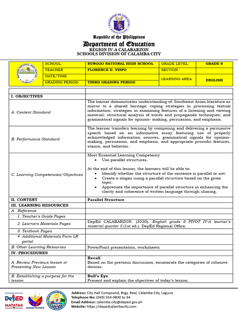 Daily learning plan on parallel structure pdf learning communication