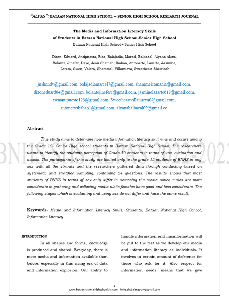 The Media And Information Literacy Skills Of Students In Bataan