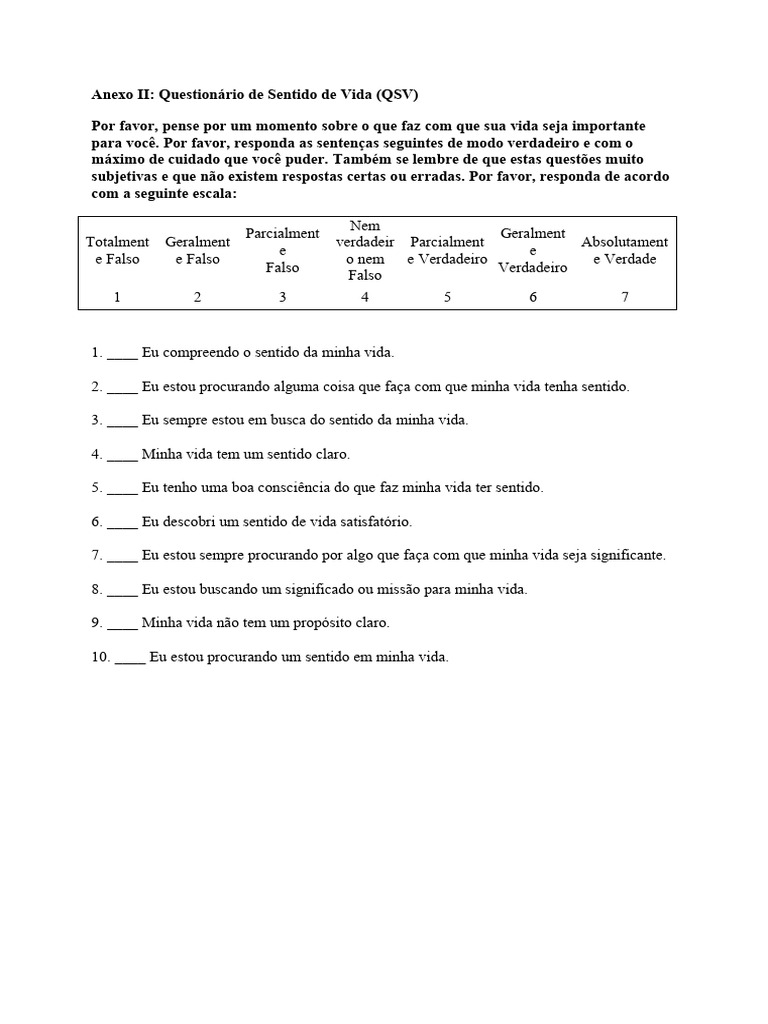 Questionário de Sentido de Vida - QSV | PDF
