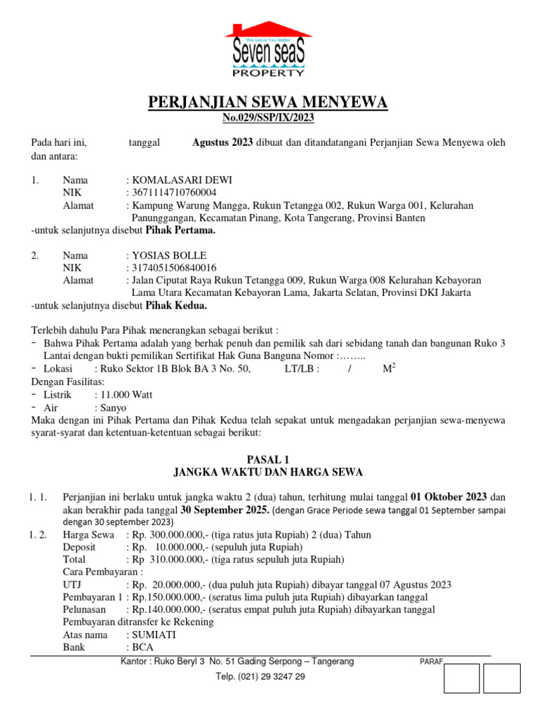 Perjanjian Sewa Ruko 2 Tahun | PDF | Pengelolaan Keuangan & Uang ...
