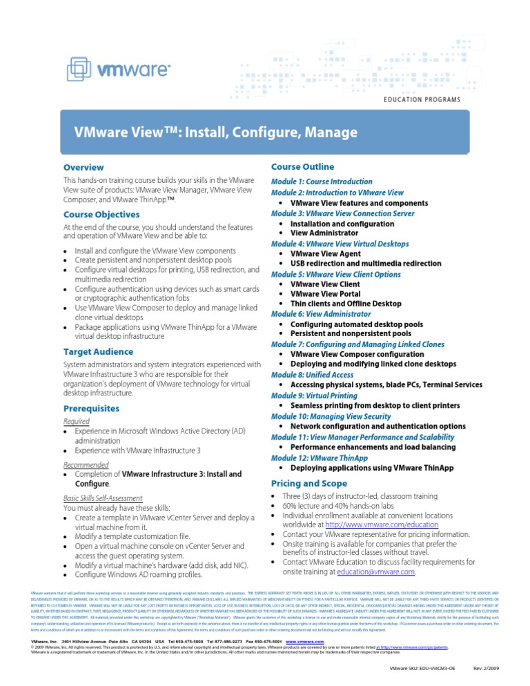 Vmware View™: Install, Configure, Manage: Course Outline | PDF | V ...
