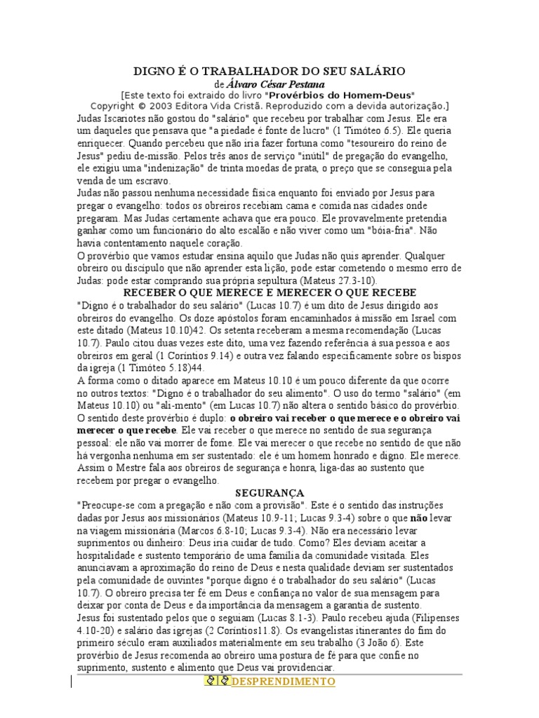 Digno É o Trabalhador Do Seu Salário | PDF | Evangelho de Lucas | Judas ...