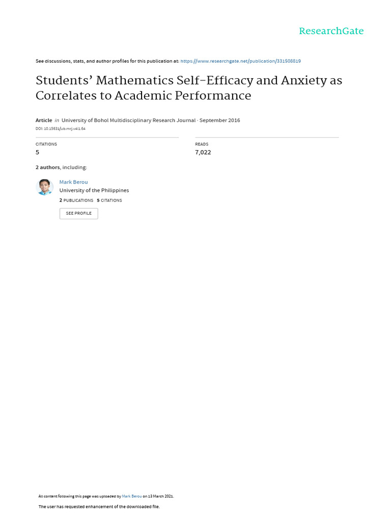 Math Self-Efficacy and Anxiety Impact | PDF | Self Efficacy | Science