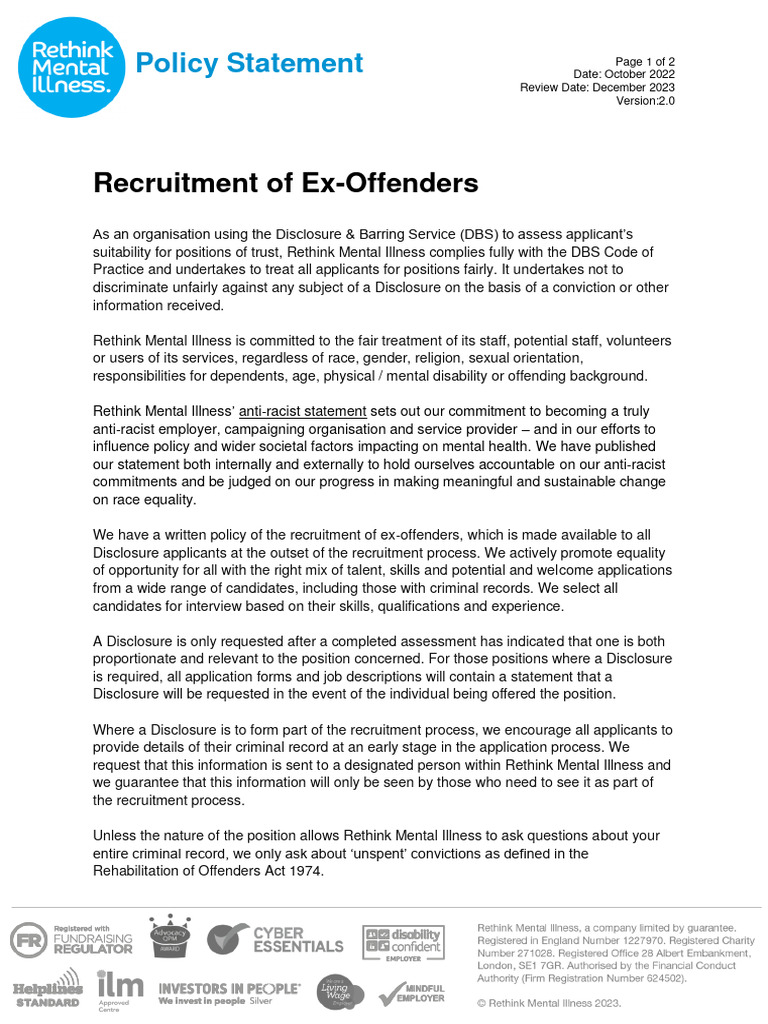 Policy Statement On The Recruitment of Ex-Offenders June 2023 | PDF ...