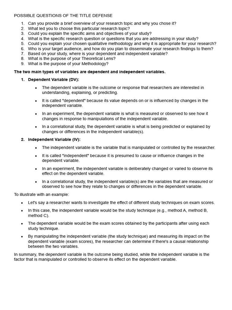 Possible Questions Of The Title Defense Pdf Dependent And