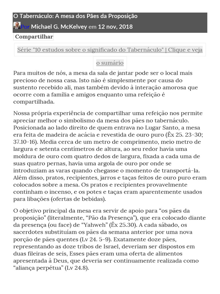 A Mesa dos Pães da Proposição no Tabernáculo | PDF | Eucaristia | Livro