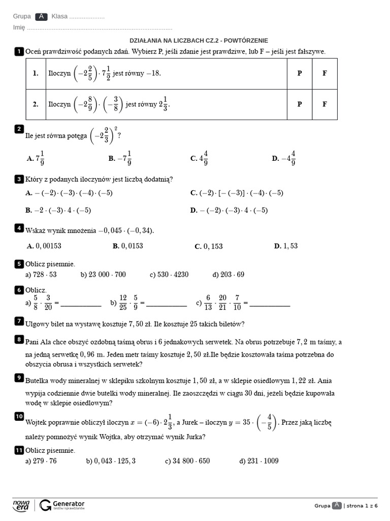Sprawdzian Z Matematyki Klasa 6 Działania Na Liczbach Część 2