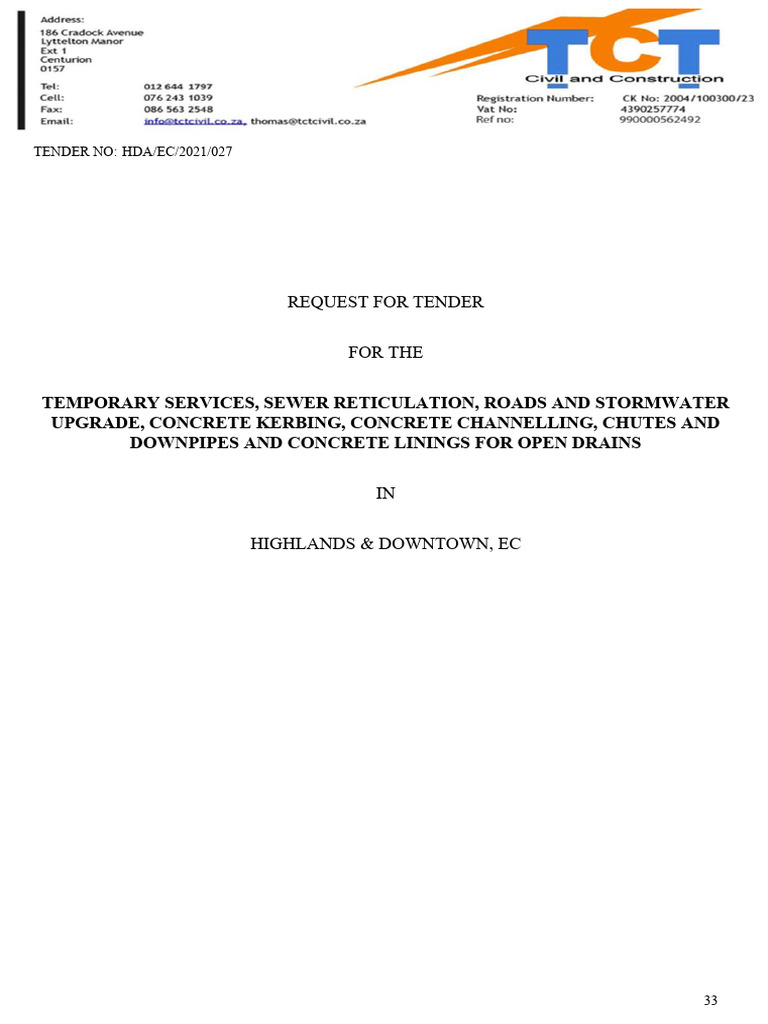 HDA Tender for Civil Works in EC | PDF | Subcontractor | Sanitary Sewer