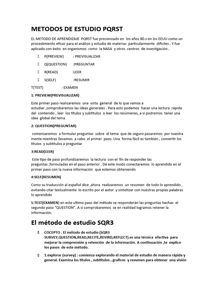 Métodos de Estudio PQRST y SQR3 | PDF | Sicología | Psicología cognitiva