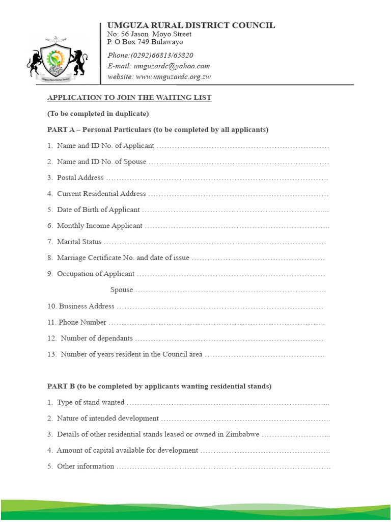 Umguza RDC Waiting List Application Form | PDF | Social Institutions ...