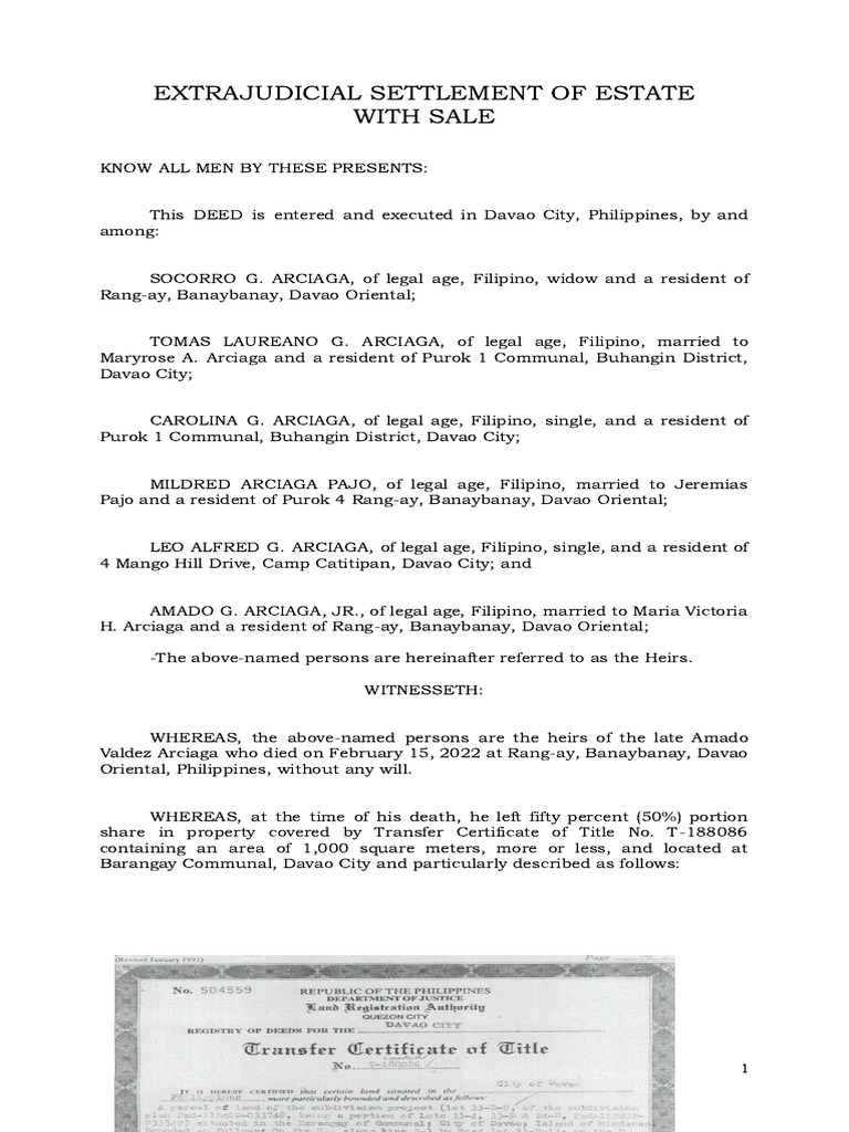 EXTRAJUDICIAL SETTLEMENT OF ESTATE With Sale-Arciaga and Sulla | PDF ...