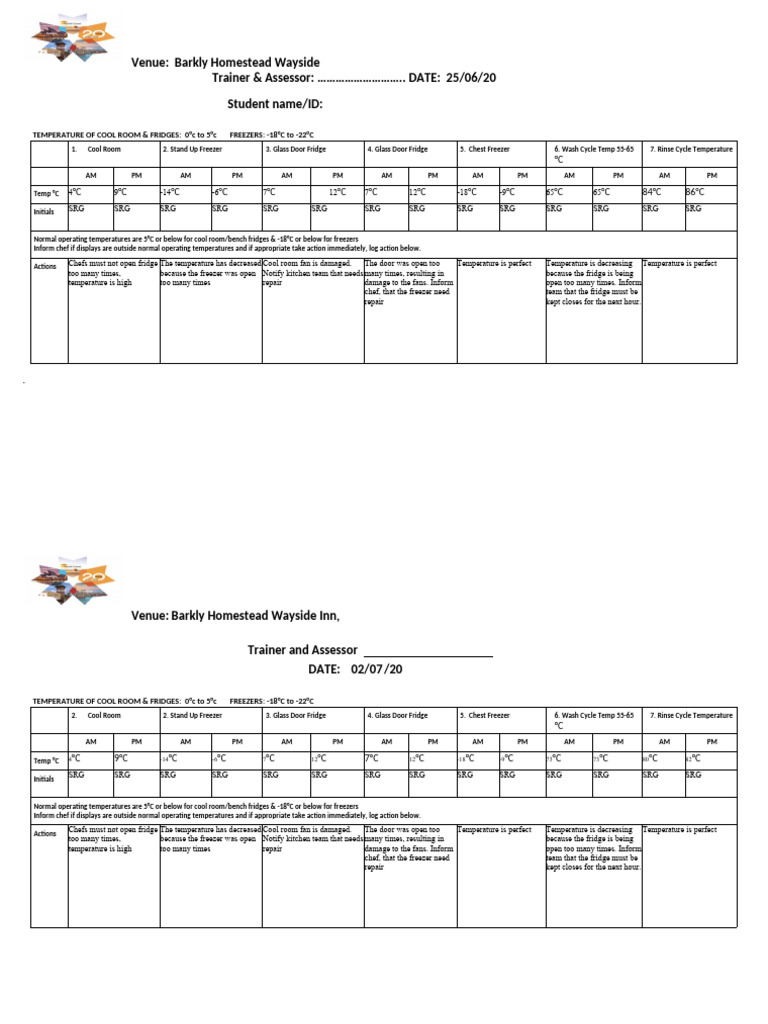 SSBT TEMP RECORDING CHECKLIST Final PDF Refrigerator Home