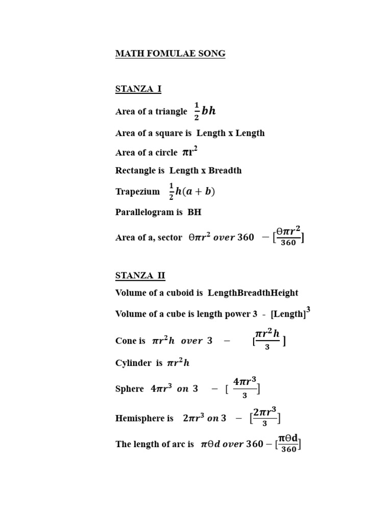 Maths formulae song lyrics pdf