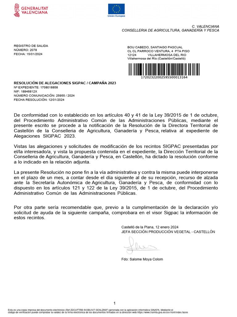 Resolución Alegaciones SIGPAC 2023 | PDF