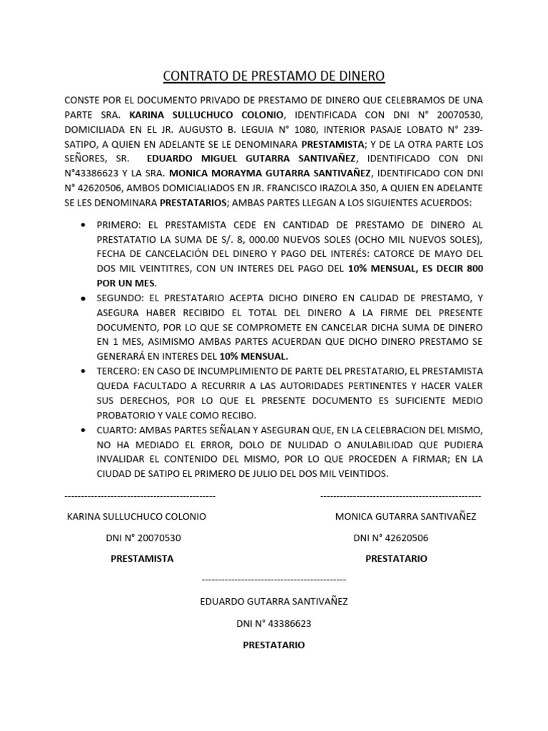 Contrato de Prestamo de Dinero | PDF | Deuda | Finanzas personales