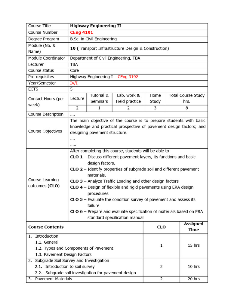 Highway Engineering II Course Syllabus | PDF | Road Surface | Engineering