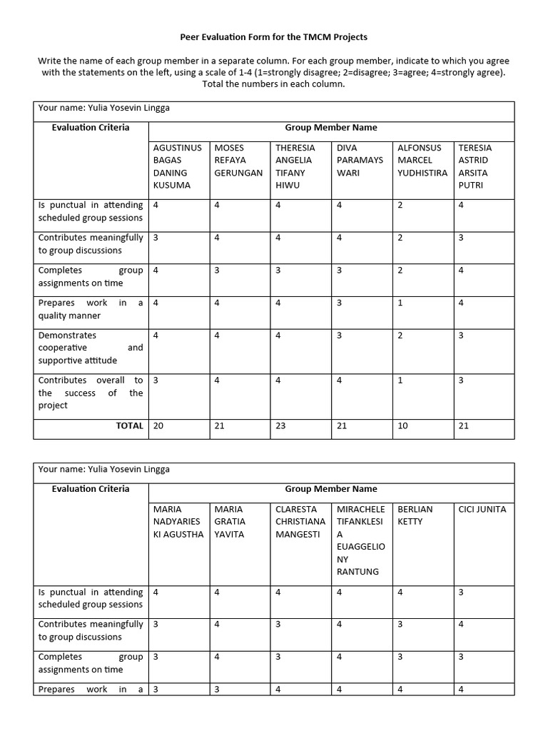 TMCM Projects Peer Evaluation Form | PDF | Communication | Learning