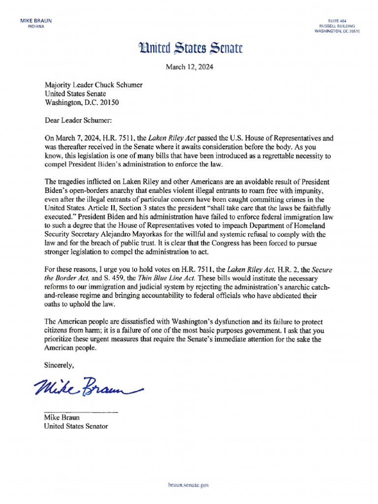 Braun Urges Schumer To Pass The Laken Riley Act | PDF