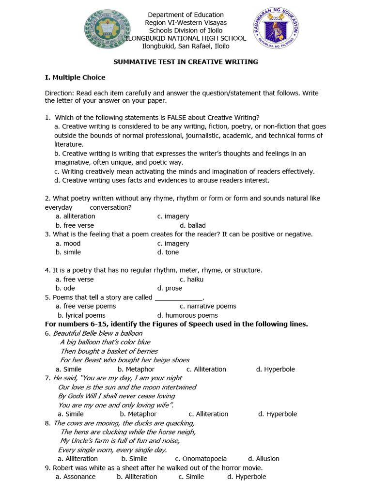 Grade 12 Creative Writing Test | PDF | Poetry