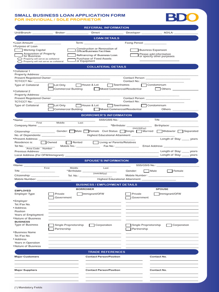 Small Business Loan Application Form For Individual Sole BDO
