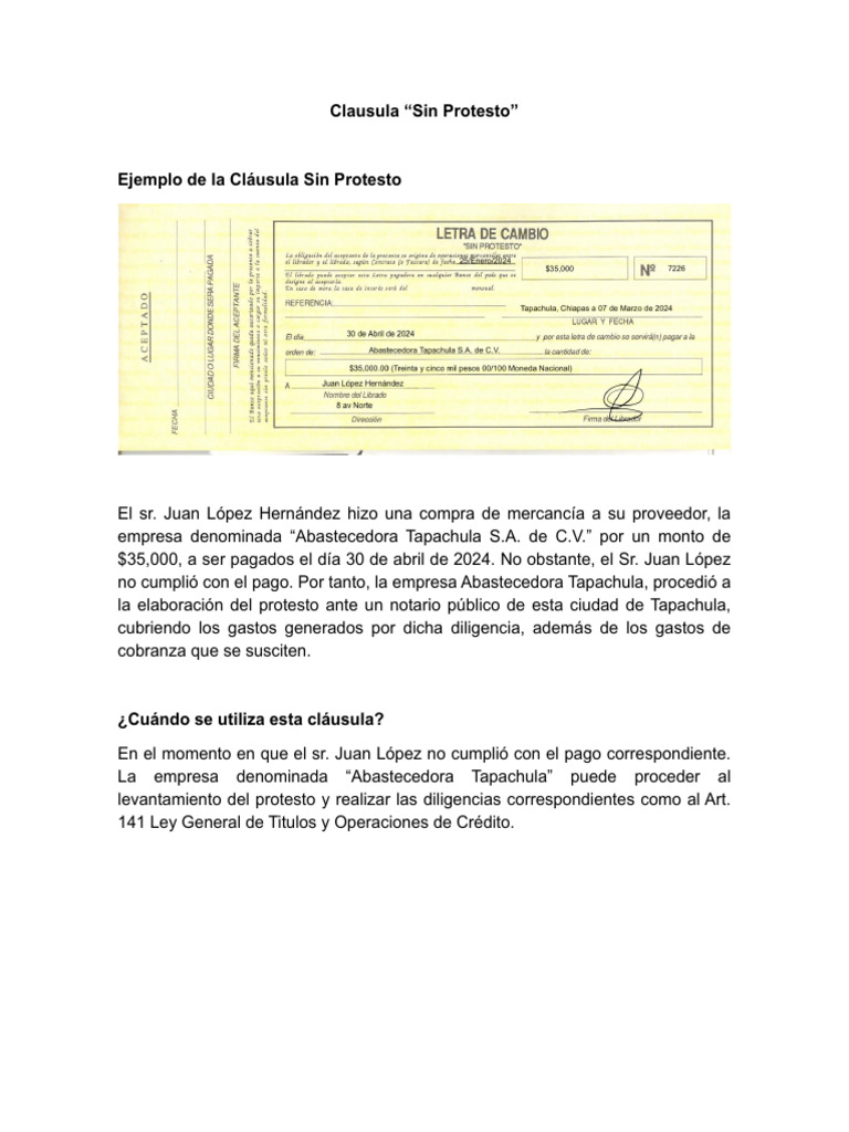 Cláusula Sin Protesto: Ejemplo y Efectos | PDF