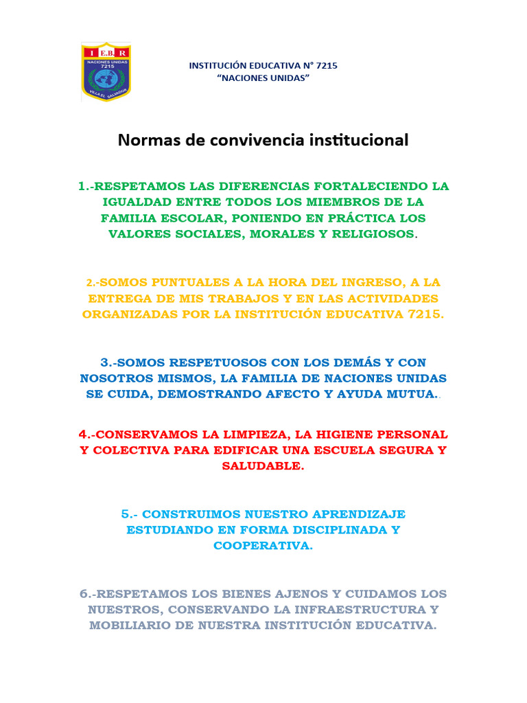 Normas de Convivencia Escolar | PDF | Salud y bienestar