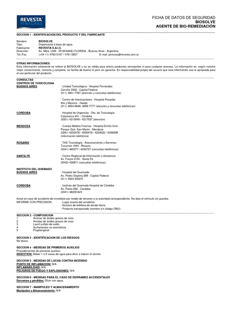 Ficha de Seguridad del Dispersante BIOSOLVE | PDF | Agua | Buenos Aires