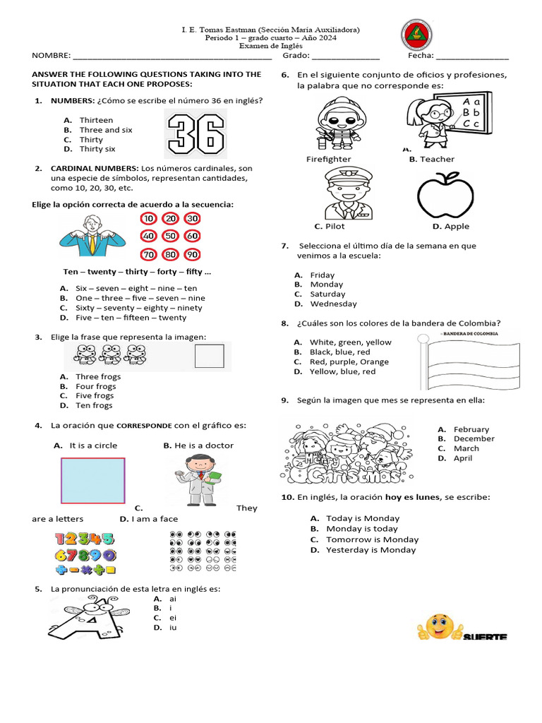 Examen de inglés para cuarto grado | PDF