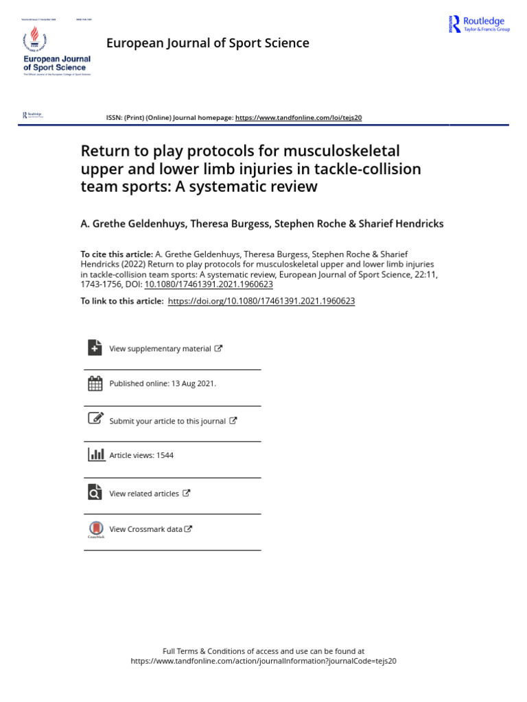 Return To Play Protocols For Musculoskeletal Upper and Lower Limb ...