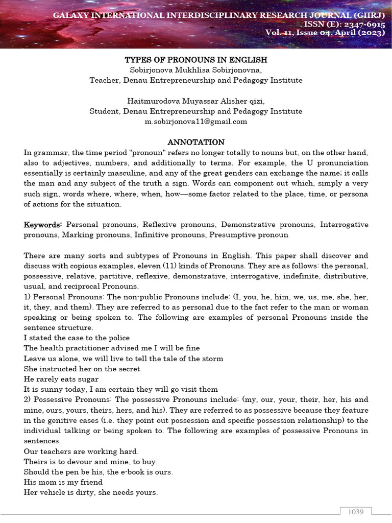 Types of Pronouns in English Explained | PDF | Pronoun | Linguistic ...