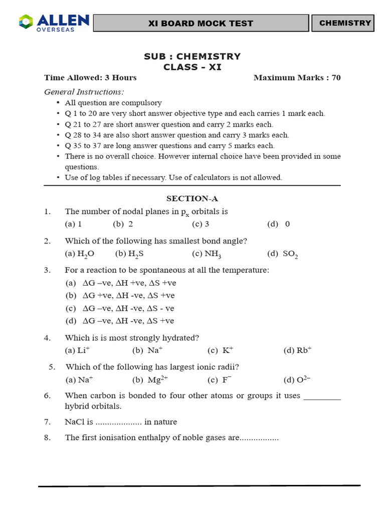 Class 11 Chemistry Mock Test on Bonding | PDF | Chemical Bond | Ph