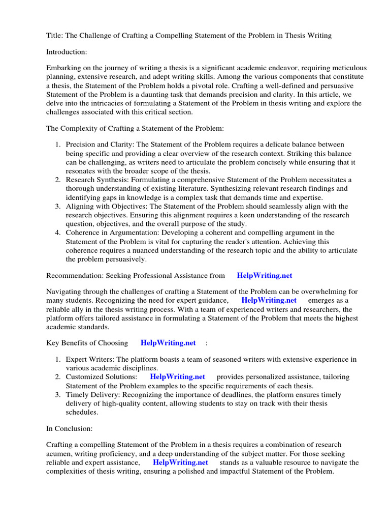 Statement of The Problem Thesis Examples | Download Free PDF | Thesis ...