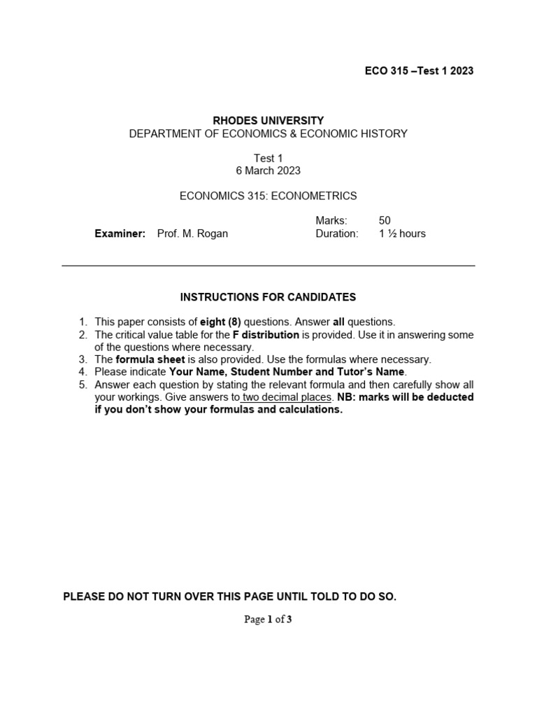 Test Paper 1 2023 Pdf Applied Mathematics Statistics