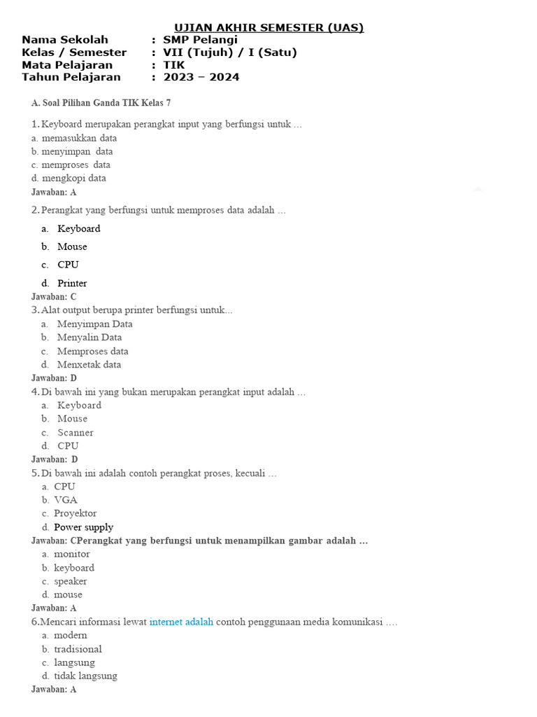 Soal essay tik kelas 7 semester 2 beserta jawabannya