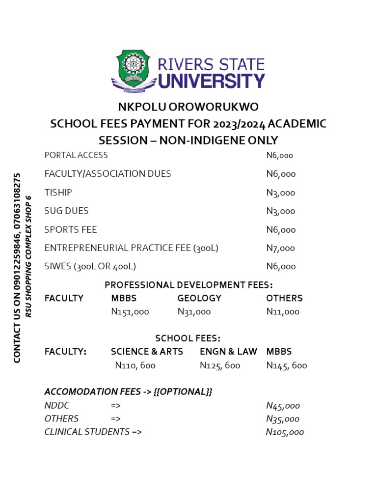 Non-Indigene Returning Student School Fees List 20232024 Session | PDF