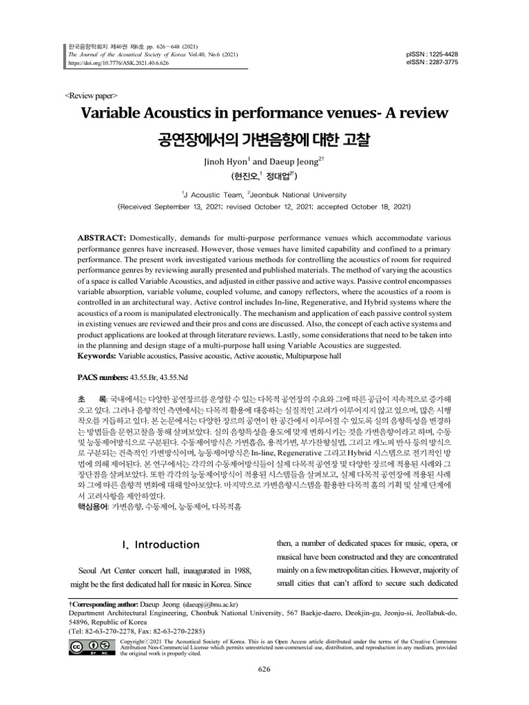 Variable Acoustics in Performance Venues - A Review | PDF