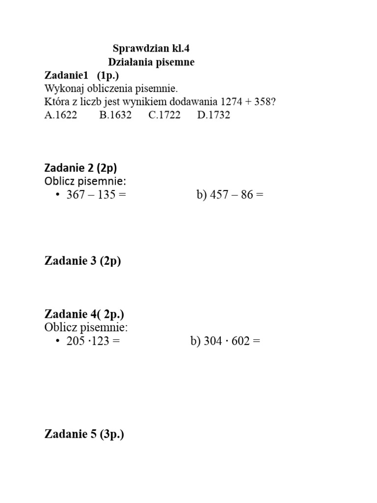 Dzialania Pisemne Klasa 4 Sprawdzian kl.4 Działania Pisemne | PDF
