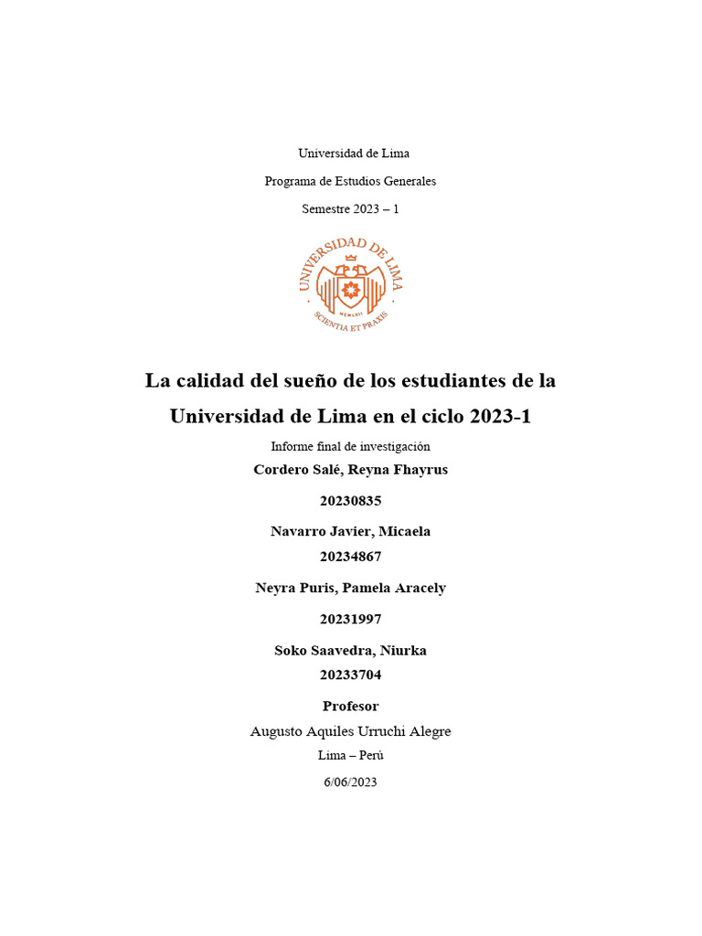 Calidad del Sueño en Estudiantes 2023-1 | PDF | Dormir | Metodología de ...