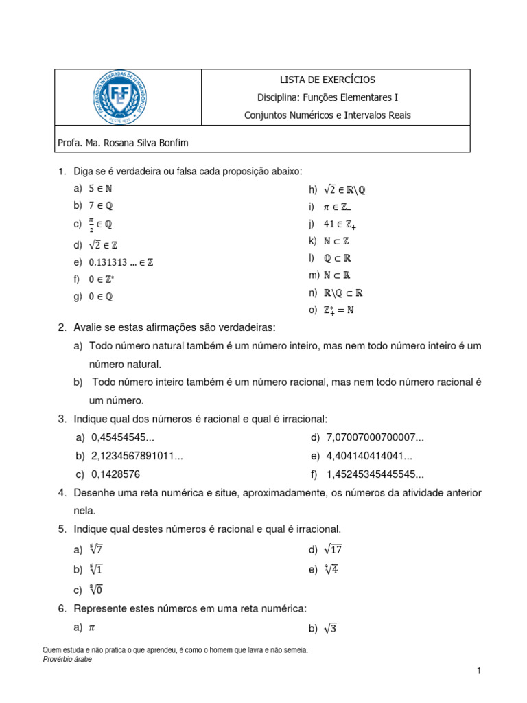 Lista De Exercicios 01 Conj Numericos E Intervalos Pdf Número Real