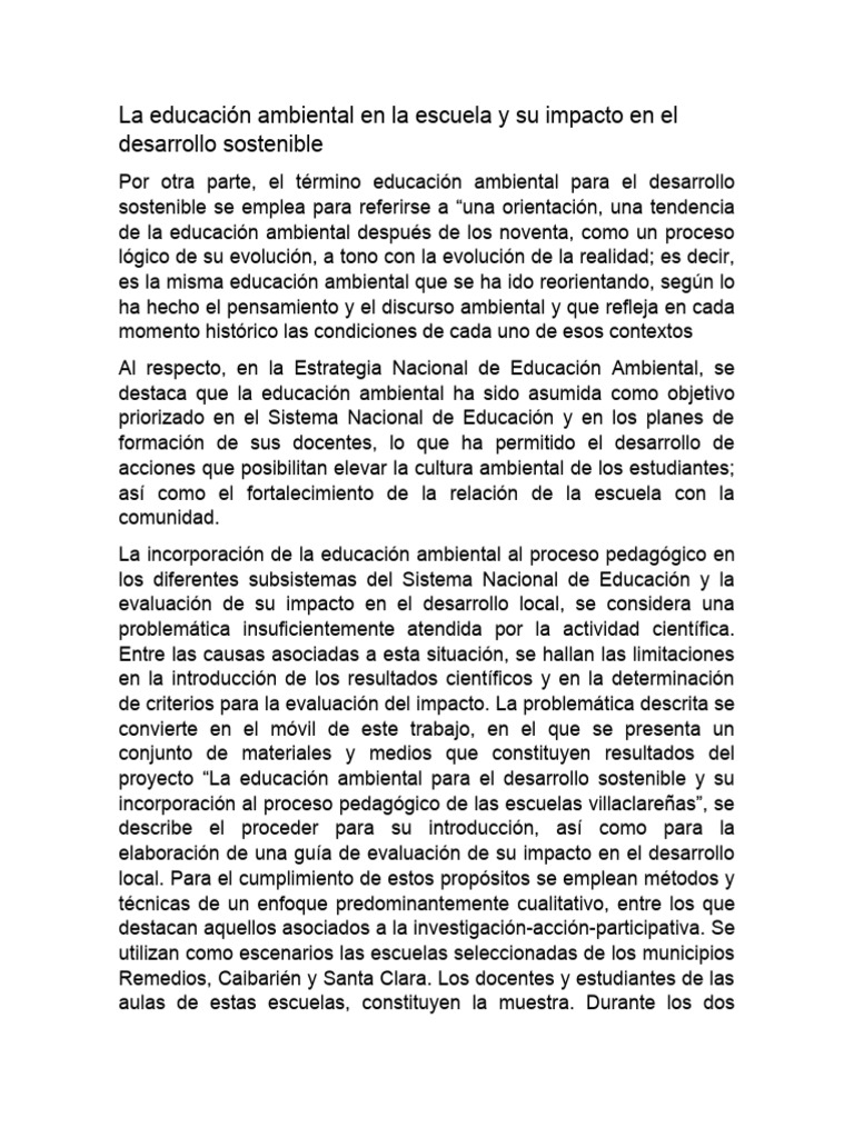 La Educación Ambiental en La Escuela y Su Impacto en El Desarrollo ...