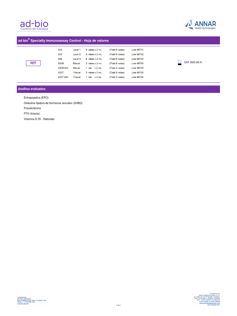 520b adbio specialty immunoassay hoja de valores lote 88730 pdf