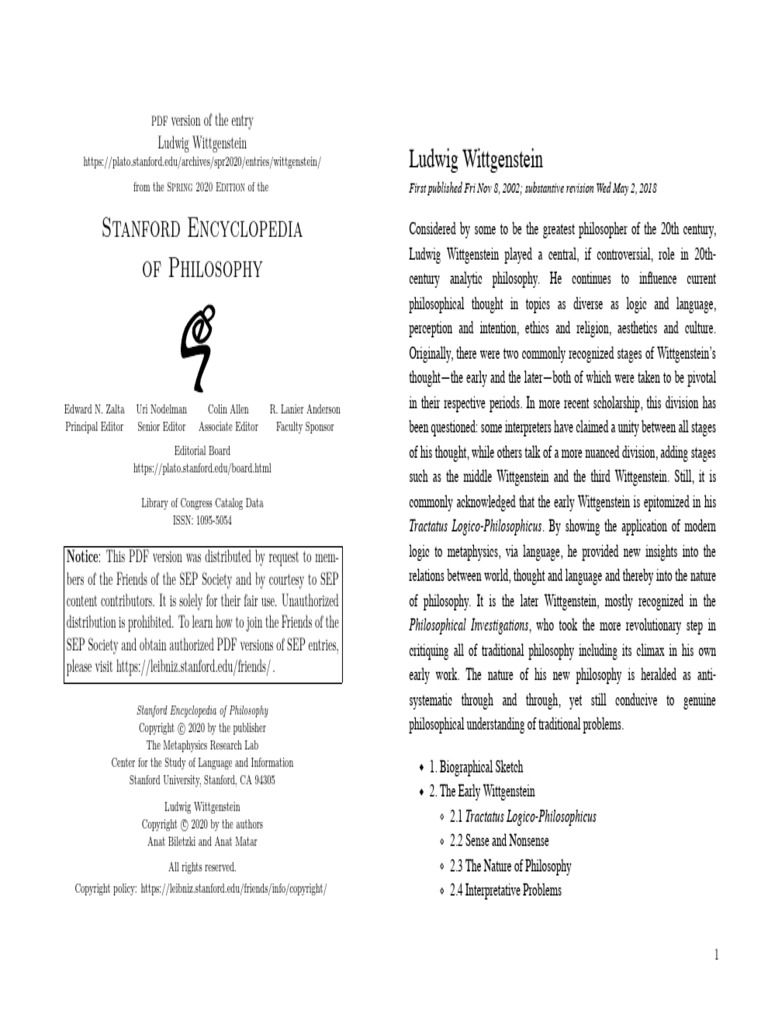 Ludwig Wittgenstein - Stanford Encyclopedia of Philosophy | PDF ...