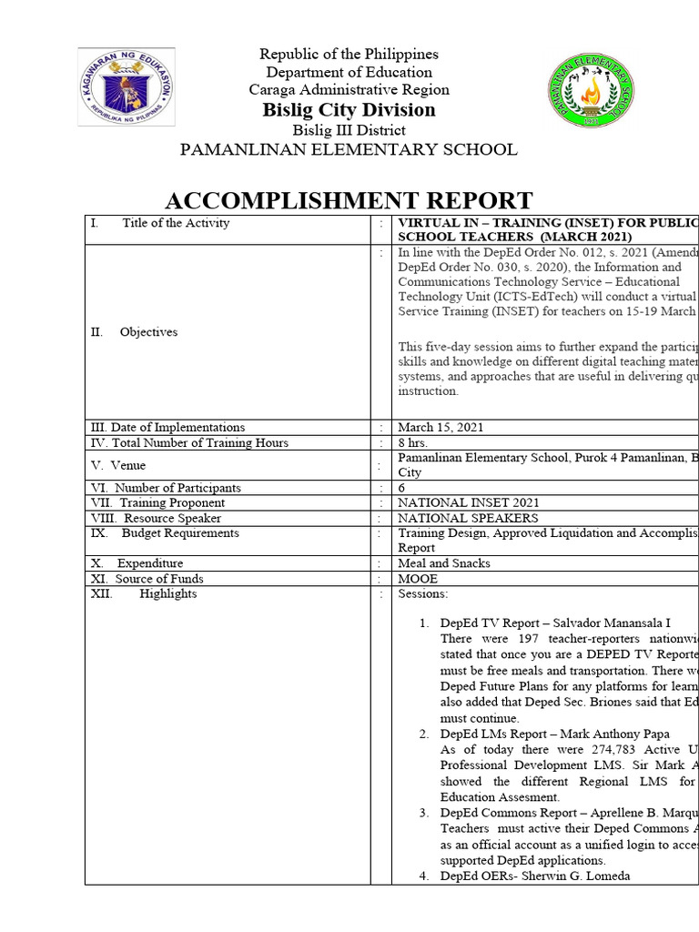INSET Training Report for Teachers 2021 | PDF | Learning