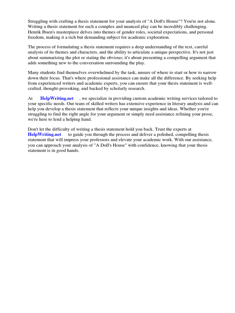 Thesis Statement Examples for a Dolls House PDF Essays A Doll's House