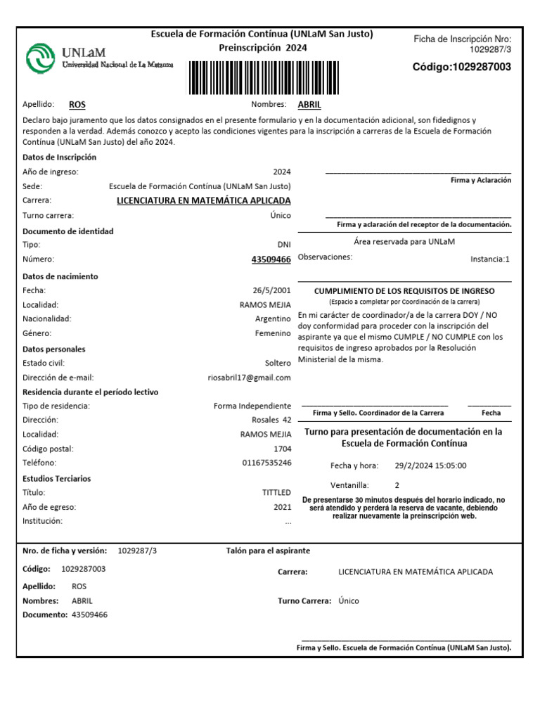 Preinscripción 2024 Lic. en Matemática UNLaM | PDF | Documento de identidad